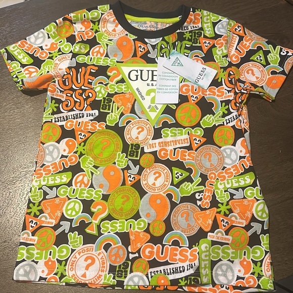 NWT Guess Yellow Multi Short Sleeve T-Shirt Geometric Logo Azure - Picture 10 of 10